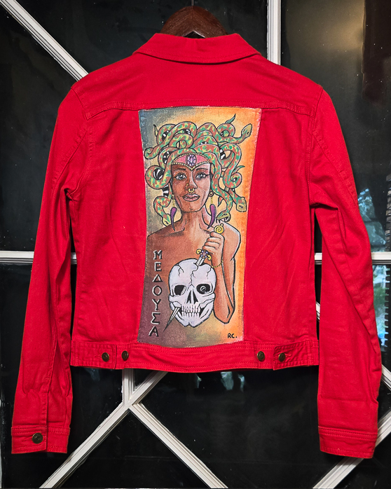 Veste de jeans patch Medusa peint à la main